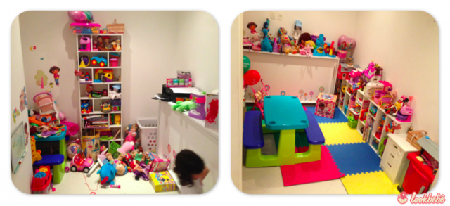 Antes e depois de organizar a brinquedoteca: Melhor ter mais superfície e nichos para os brinquedos! Estante Horizontal fica melhor!