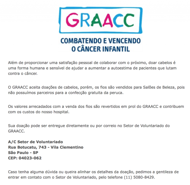 doação de cabelo crianças cancer Graacc