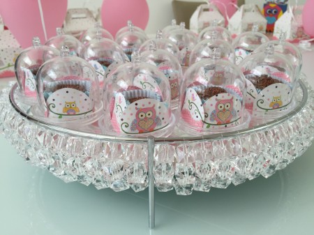 Reutilizando as bandejas na festa de coruja da Clara, com as mini-cúpulas de doces